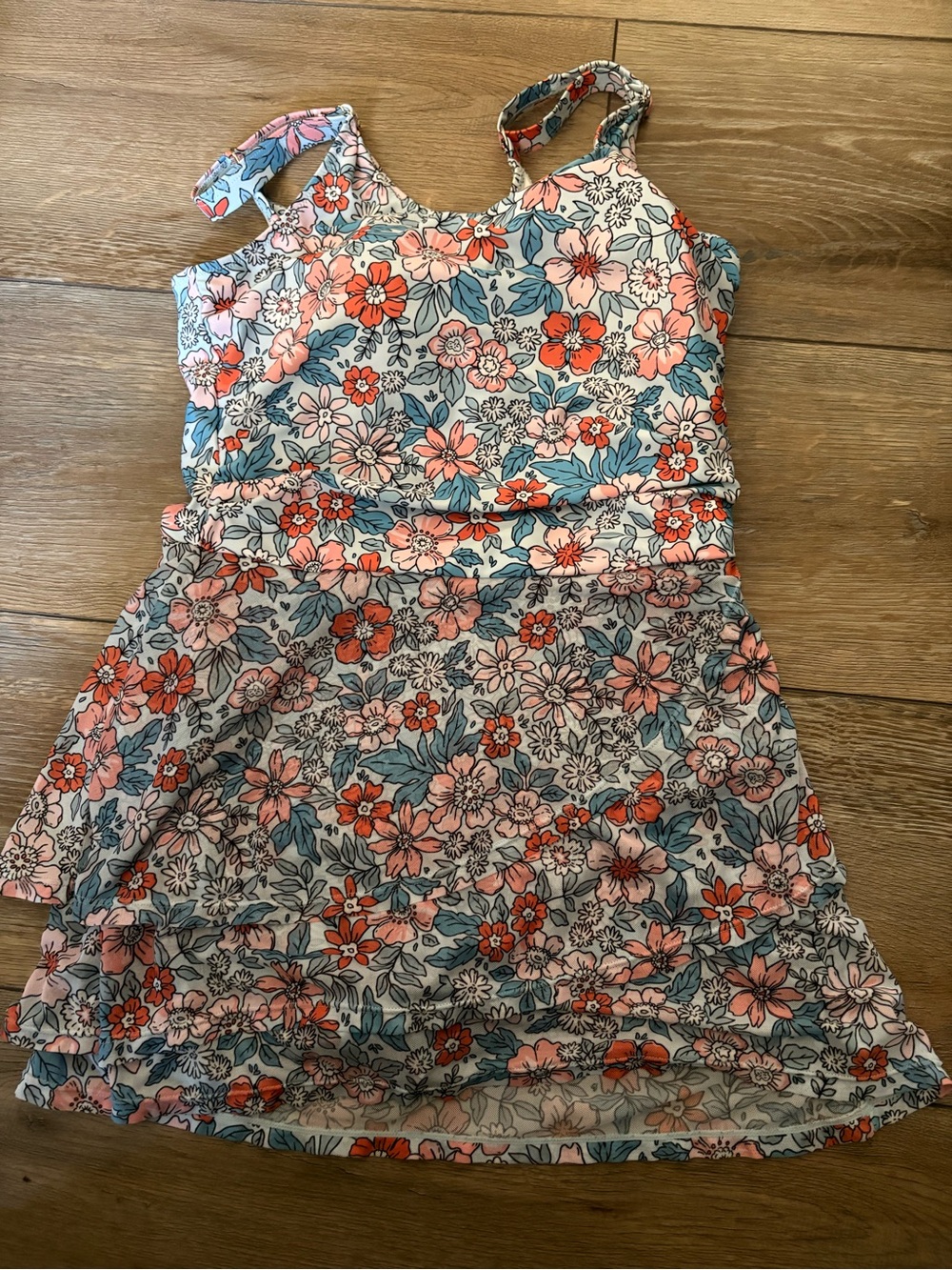 Floral Scoop One-Piece Swimsuit Dress in Coral Pink & Blue